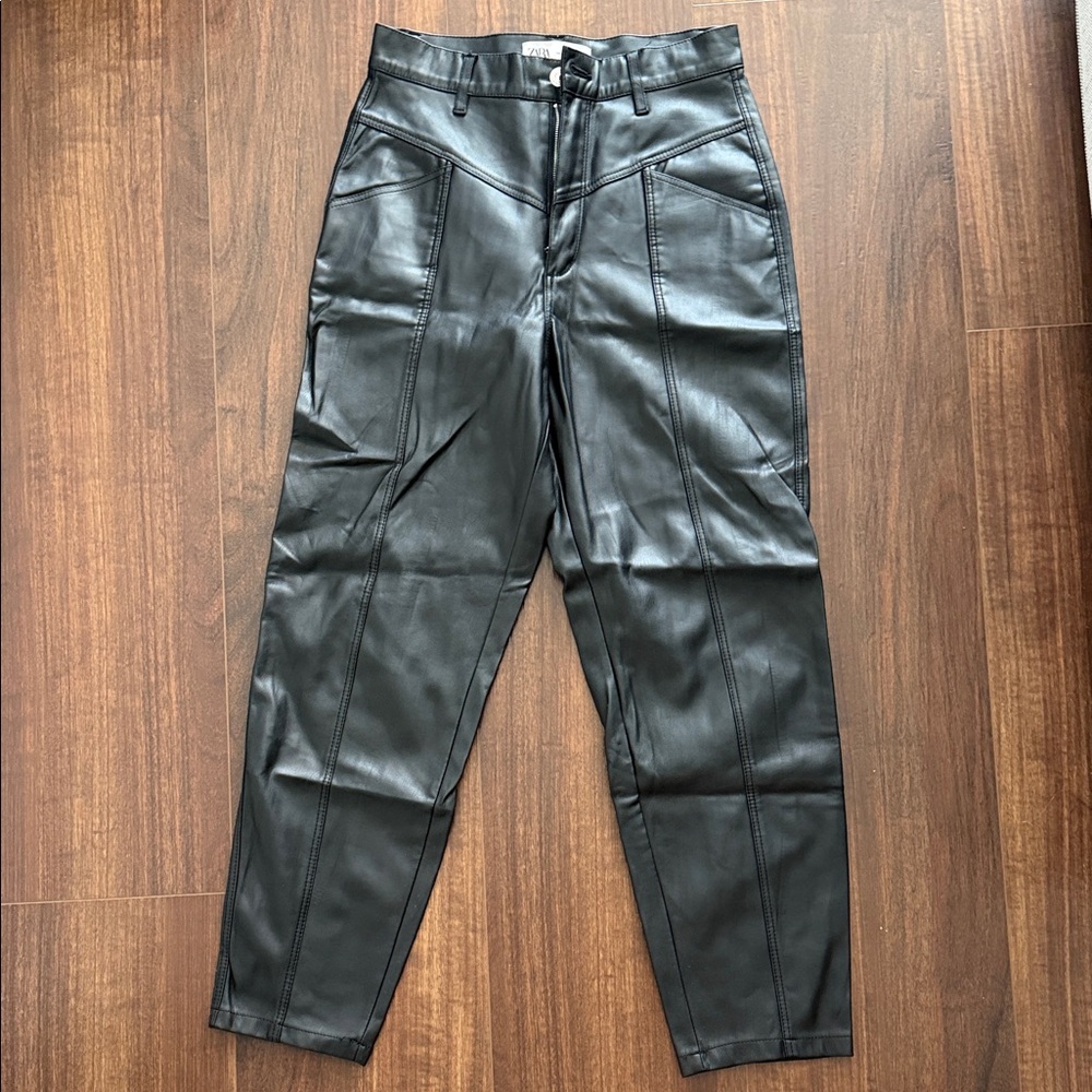 Zara Black Faux Leather Paneled Chinos
